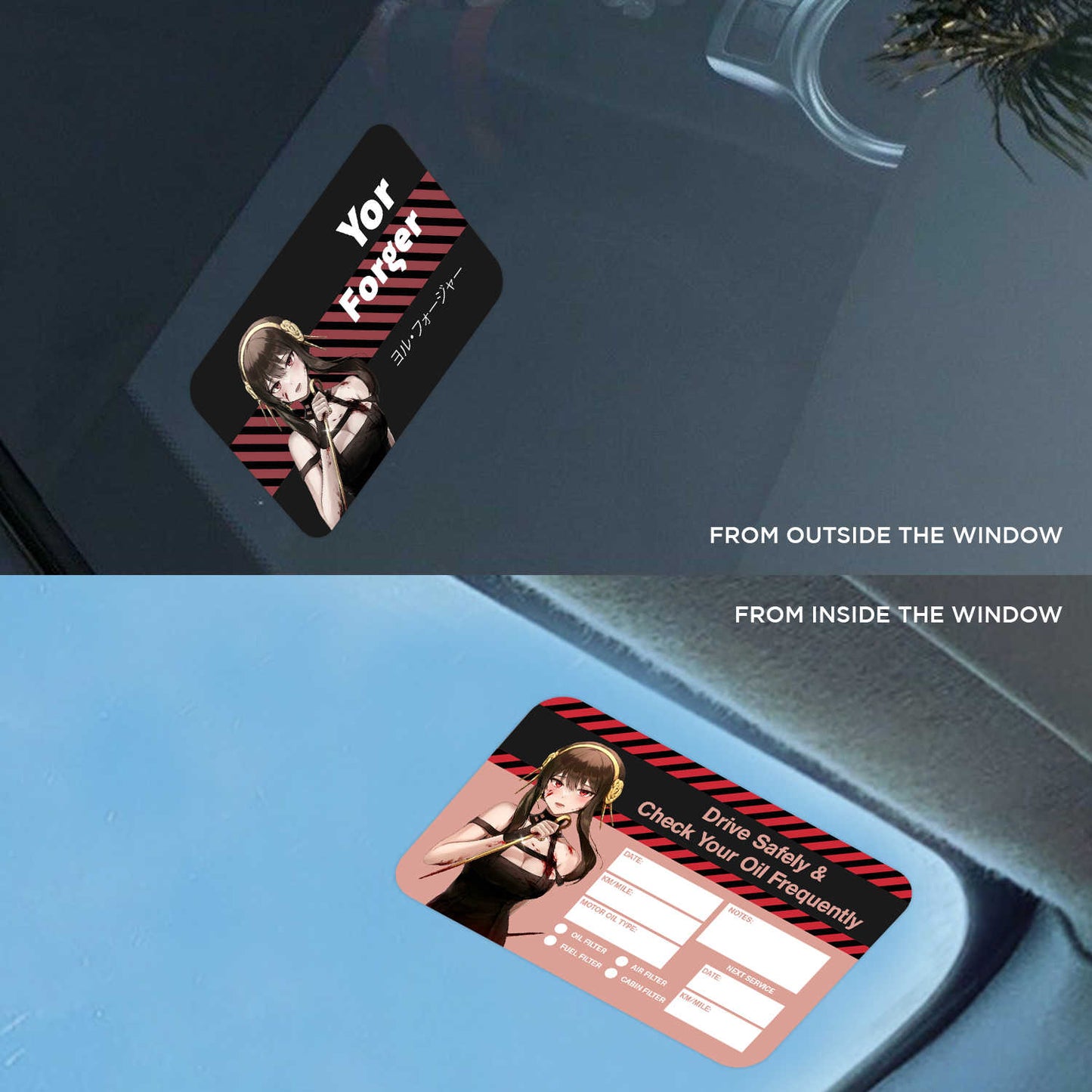 Yor Forger Double Sided Drive Safely & Check Oil Frequently Vinyl Decal Sticker