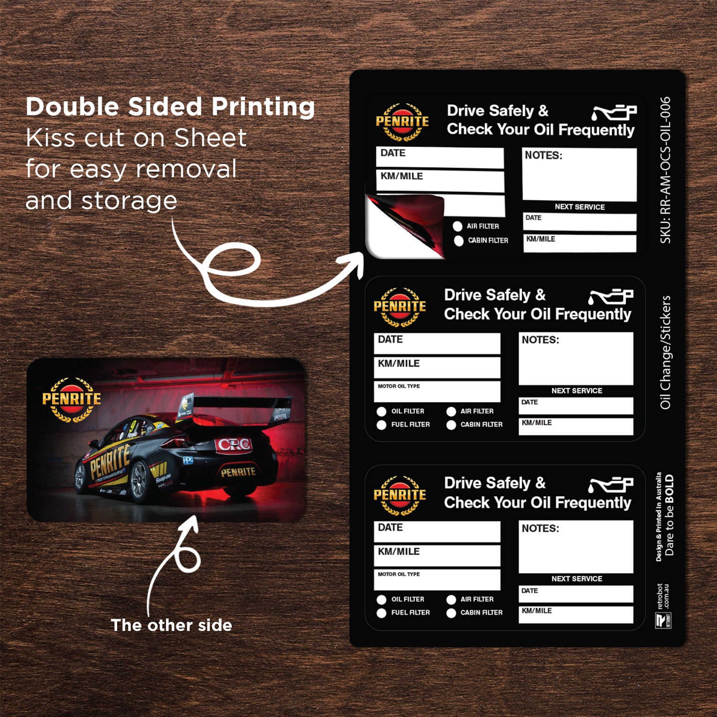 Penrite Oil Double Sided Drive Safely & Check Oil Frequently Vinyl Decal Sticker