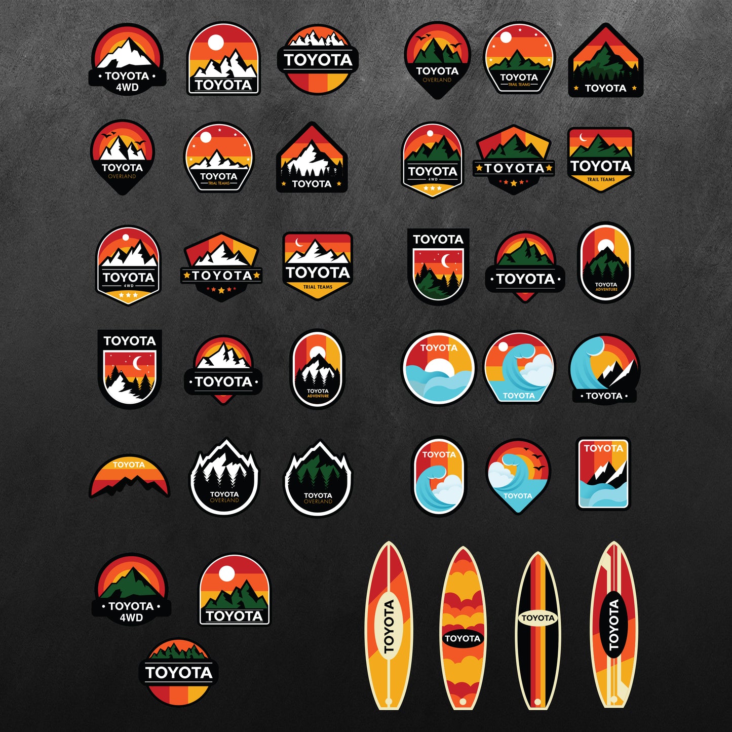 4WD Mountain Adventure Surfing & Camping Decal Stickers
